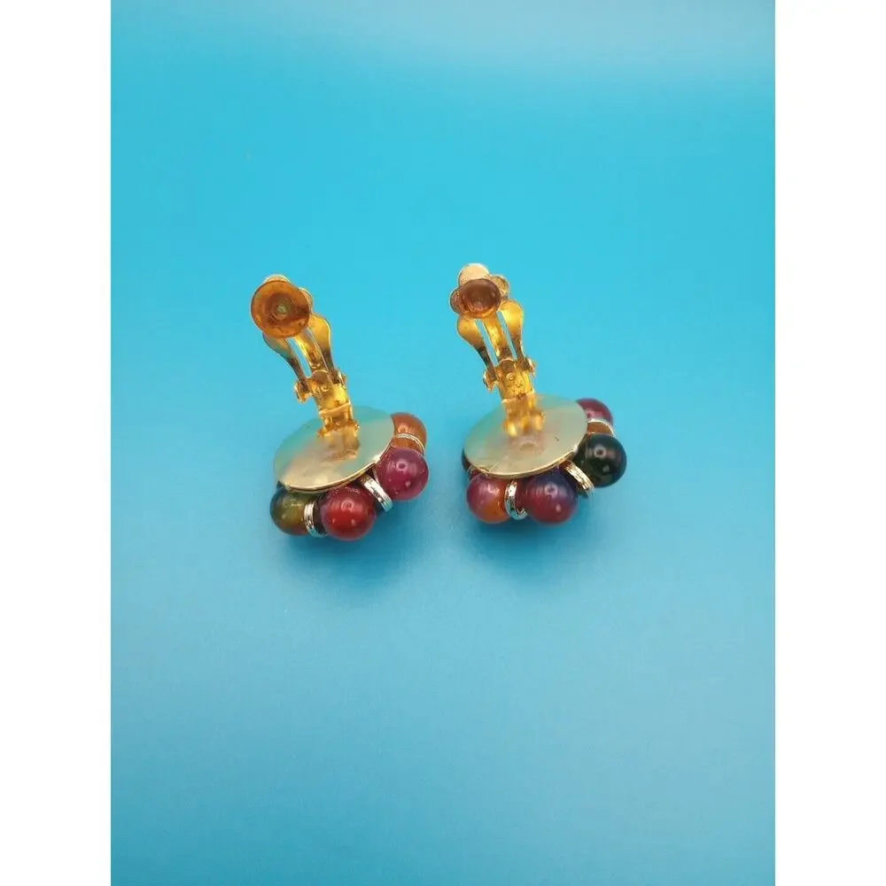 Round Cluster Ball Clip On Earrings Gold Tone Multi Color Plastic Resin